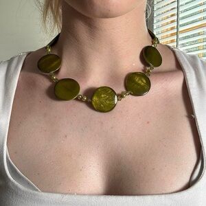Vintage Olive Green Beaded Disc Statement Necklace